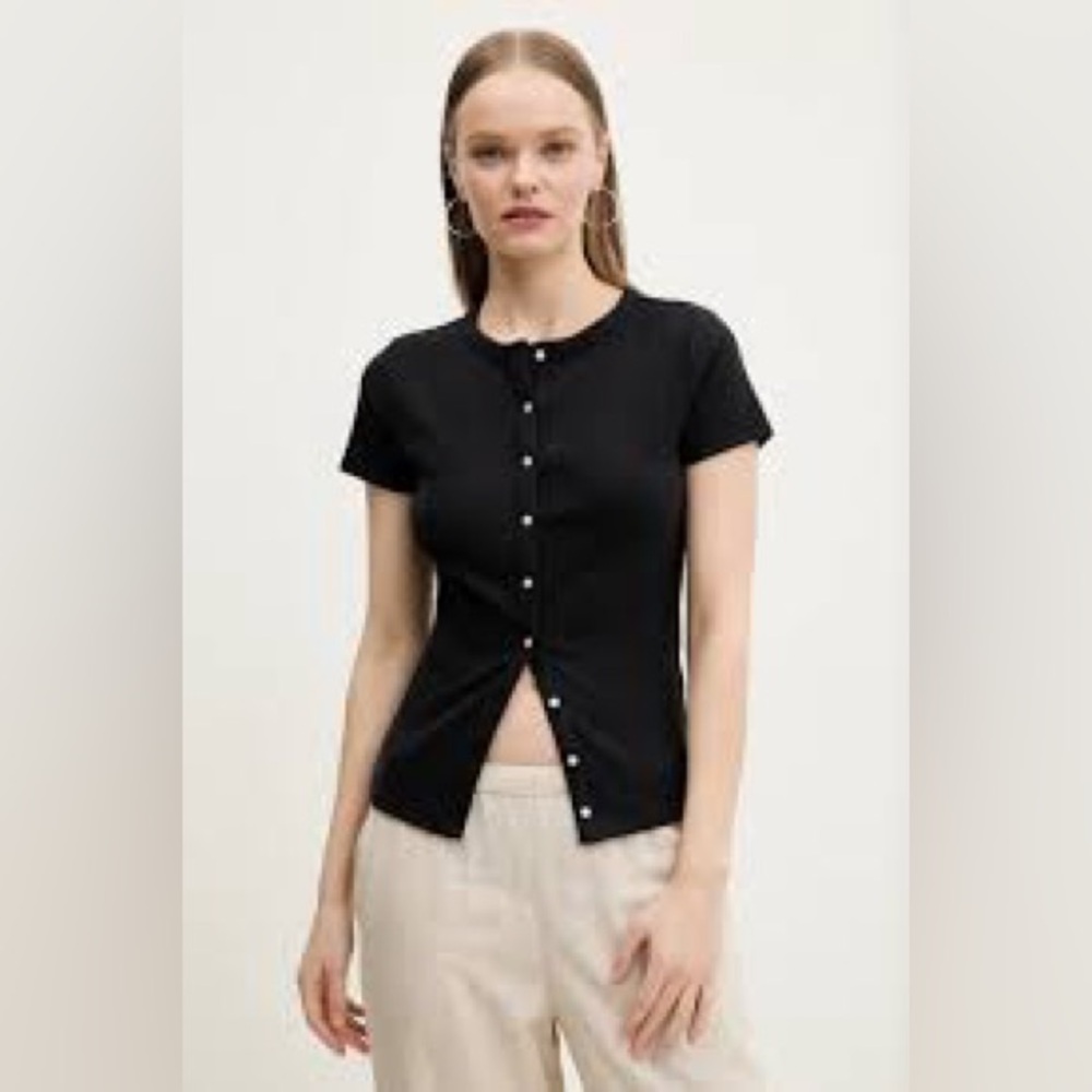 EUC Abercrombie Ribbed Button-Through Black Top, Short Sleeve, Small
